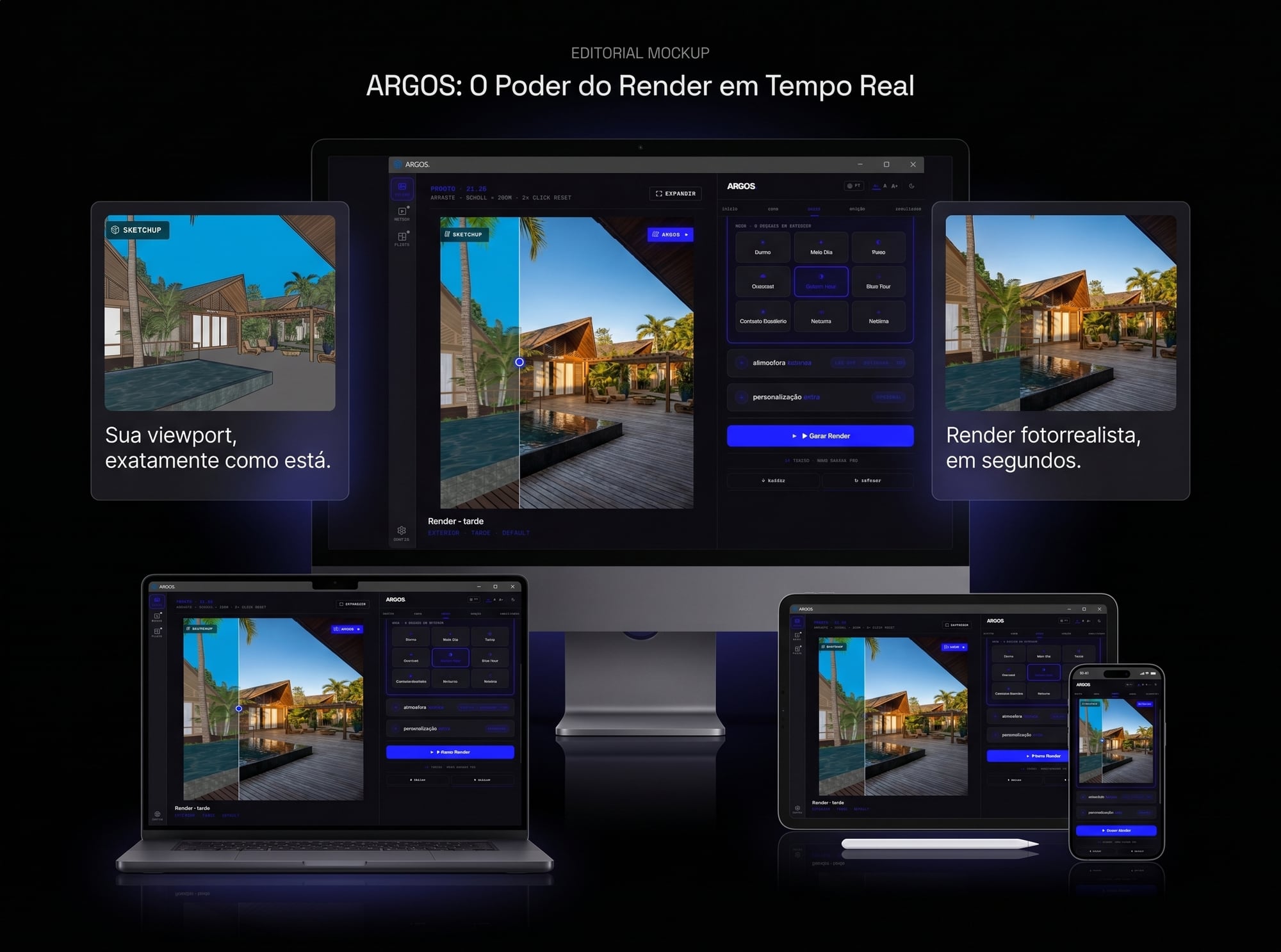 ARGOS rodando em desktop, laptop, tablet e celular — SketchUp e Revit, Windows e macOS