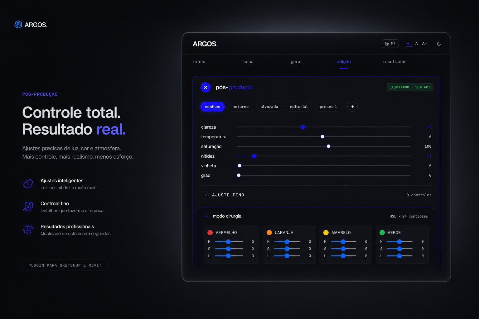 ARGOS — controle total de pós-produção: luz, cor, atmosfera e modo cirurgia HSL